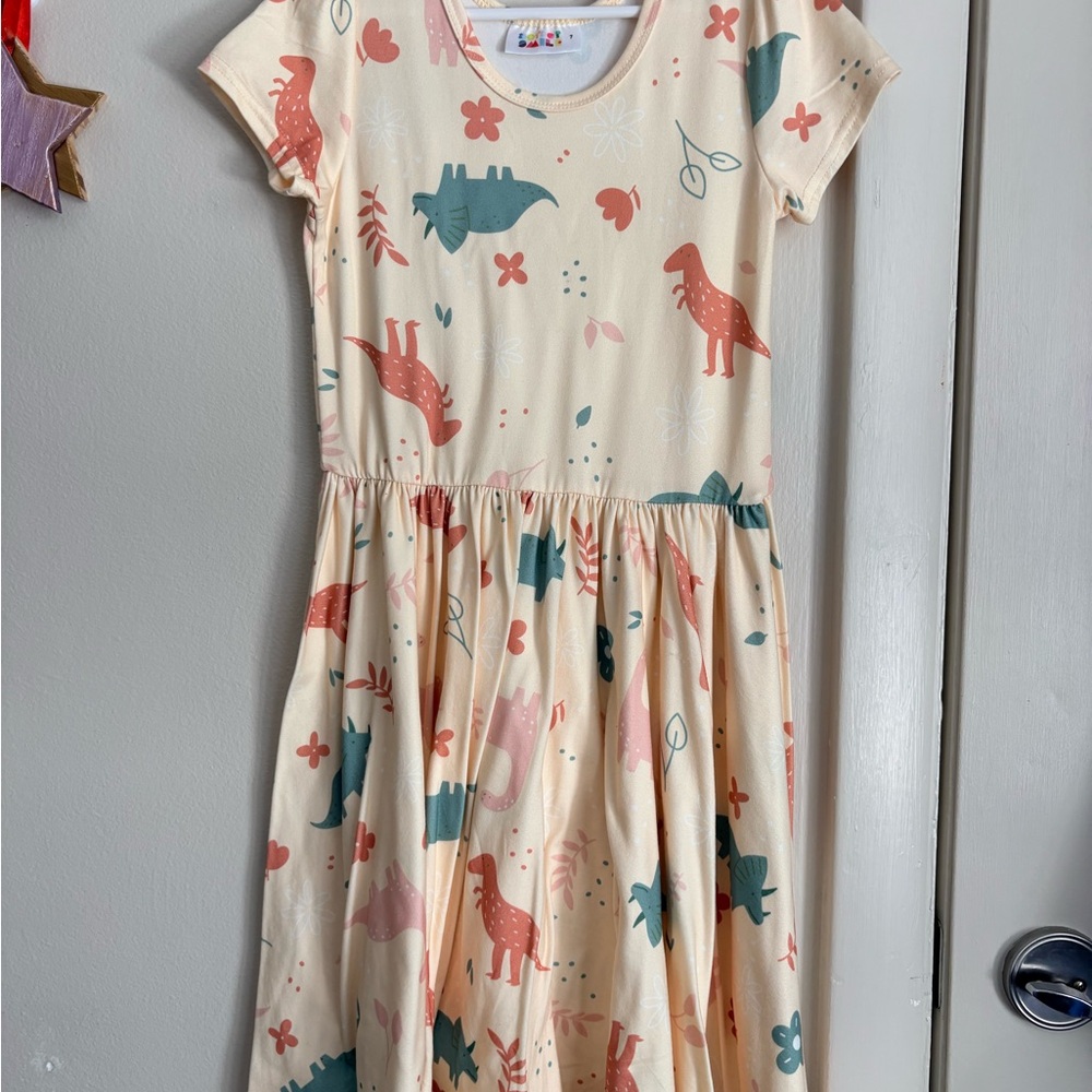 DOTDOT Smile Dinosaur Print Kids Dress - Cream and Pink